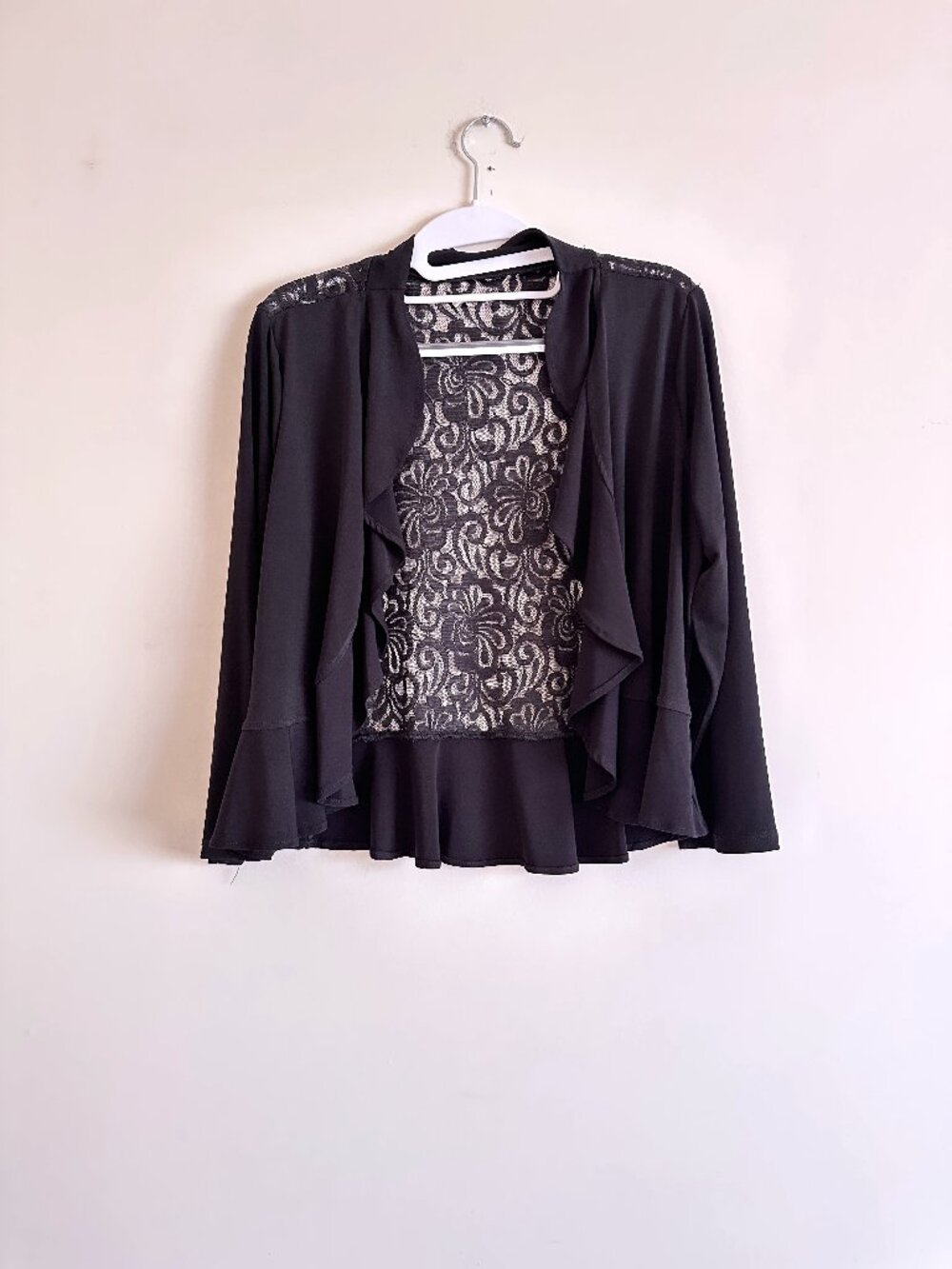 Black 3/4 Sleeve Mix Media Open Front Bolero Cardigan with Floral Lace Back